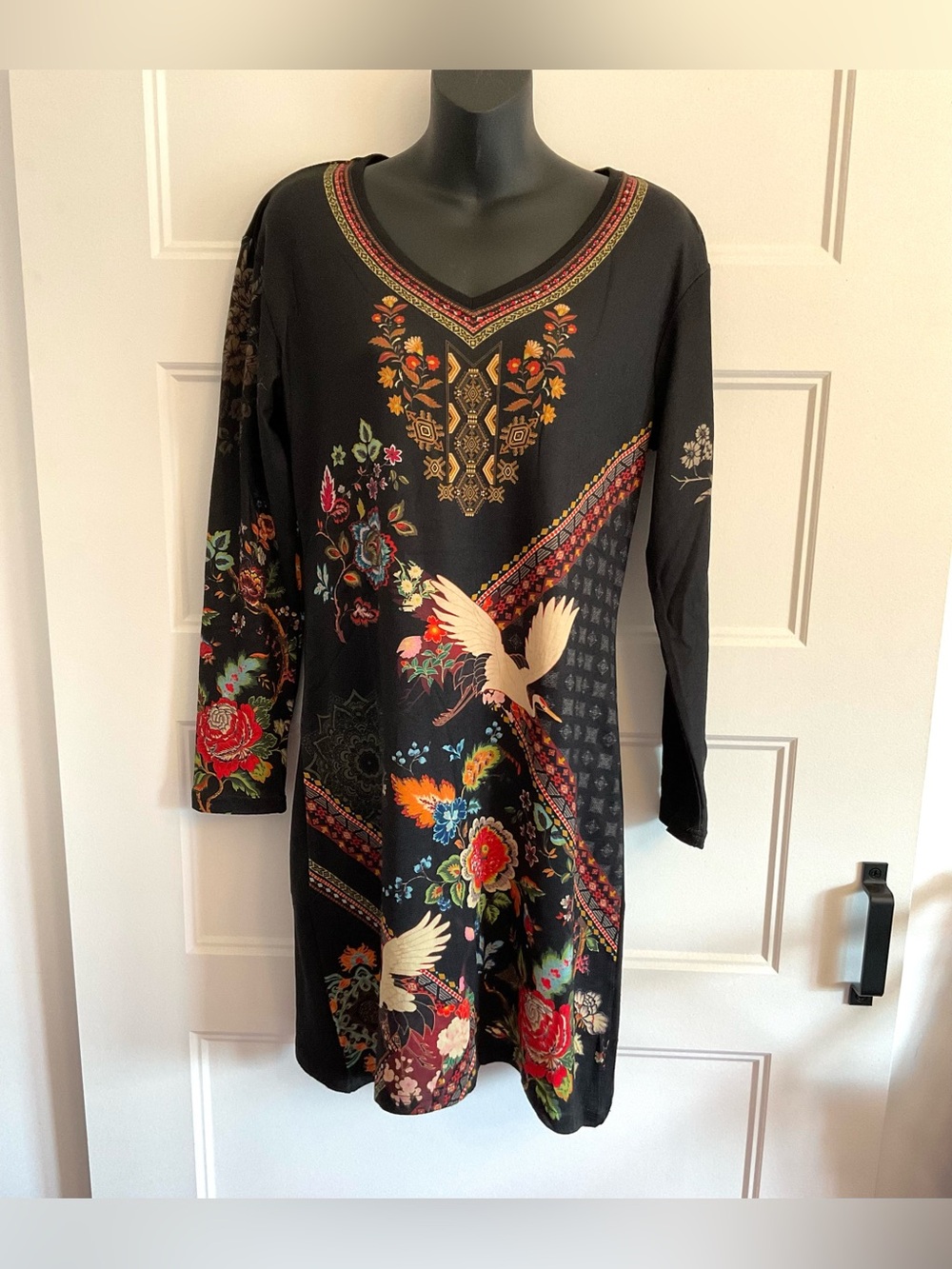 Black Floral Print V-Neck Top with Colorful Accents